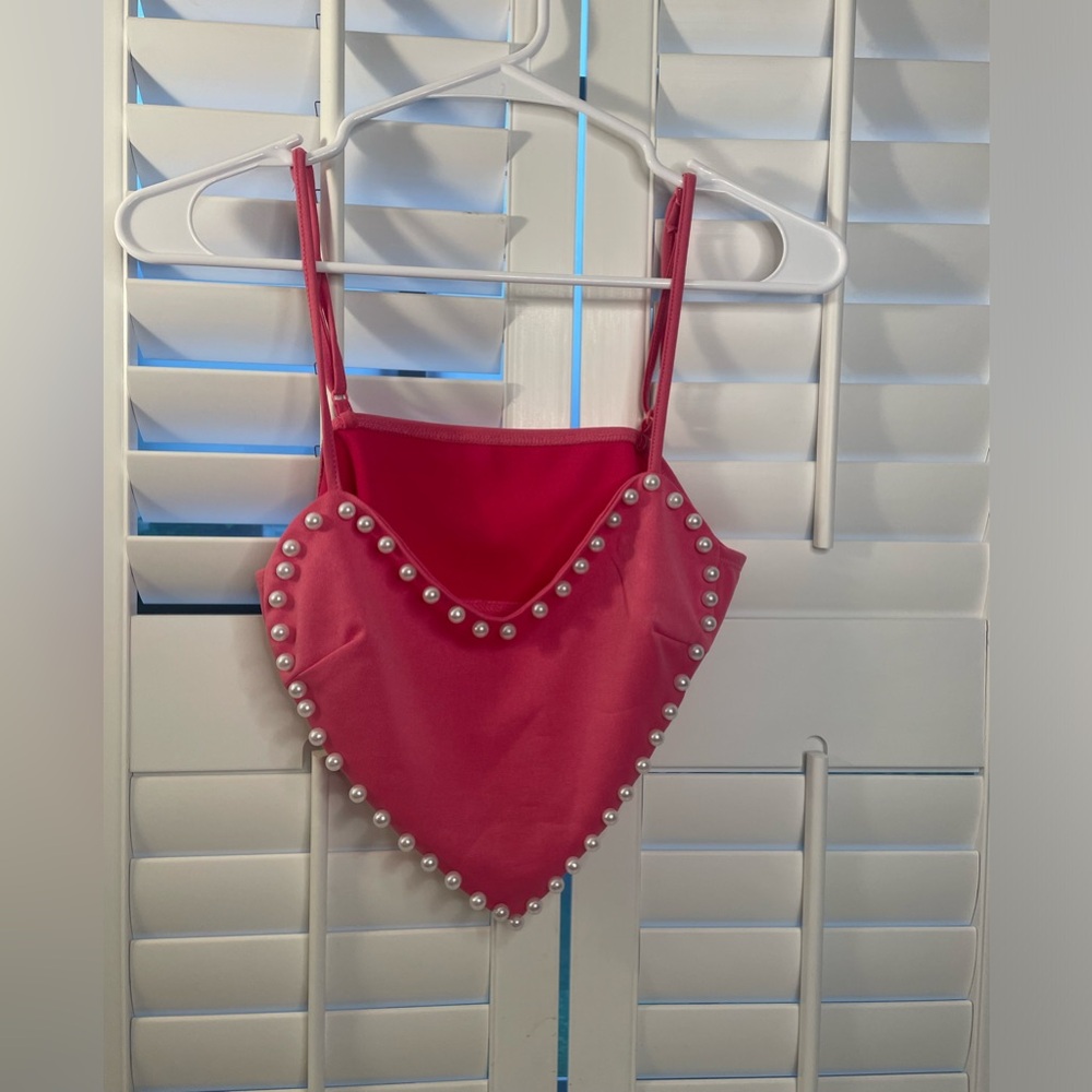 Adorable hot pink heart cropped tank top with pearl detailing